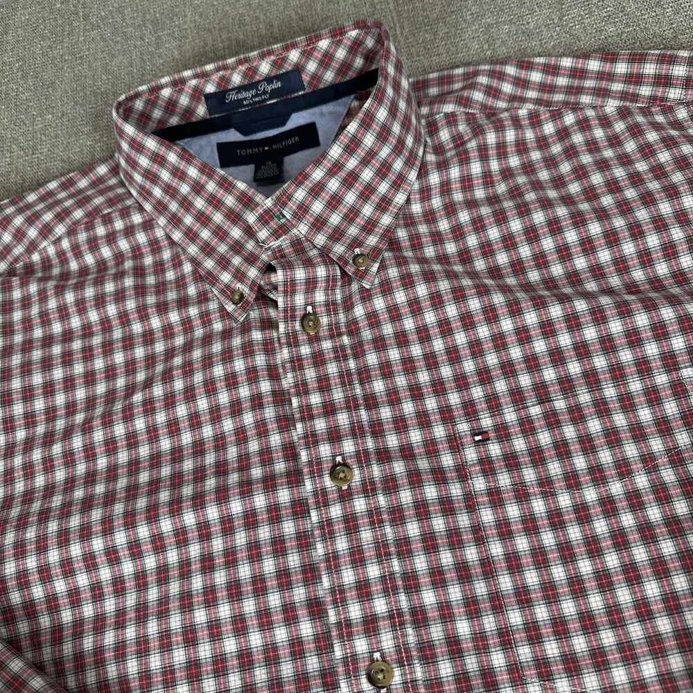Tommy Hilfiger Red Plaid Heritage Poplin 80's Two Ply Button Down Shirt XL